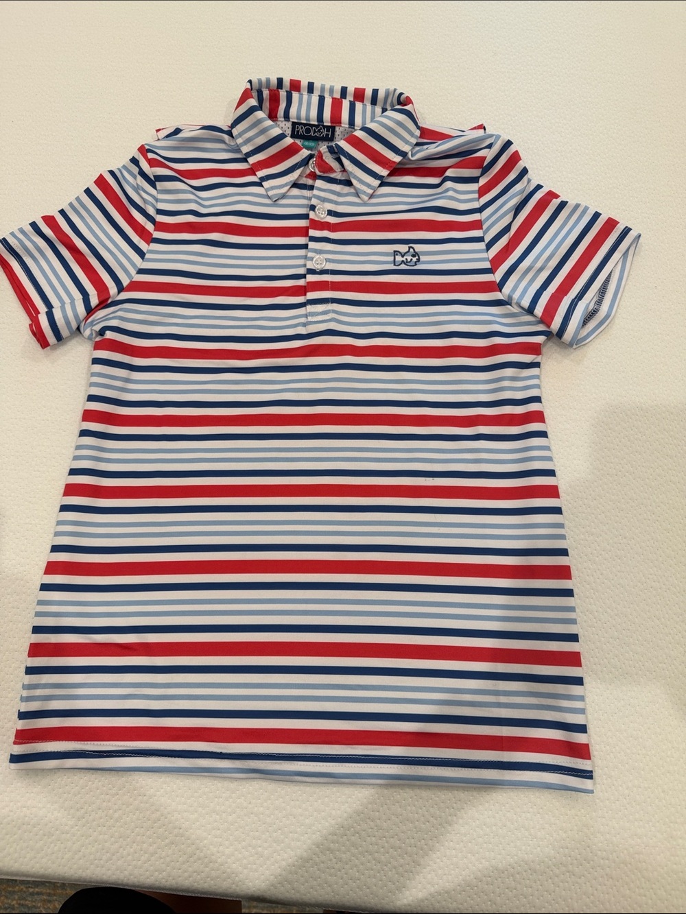 Prodoh Short-Sleeve Polo Shirt - Red, Blue & White Stripes S 8/10